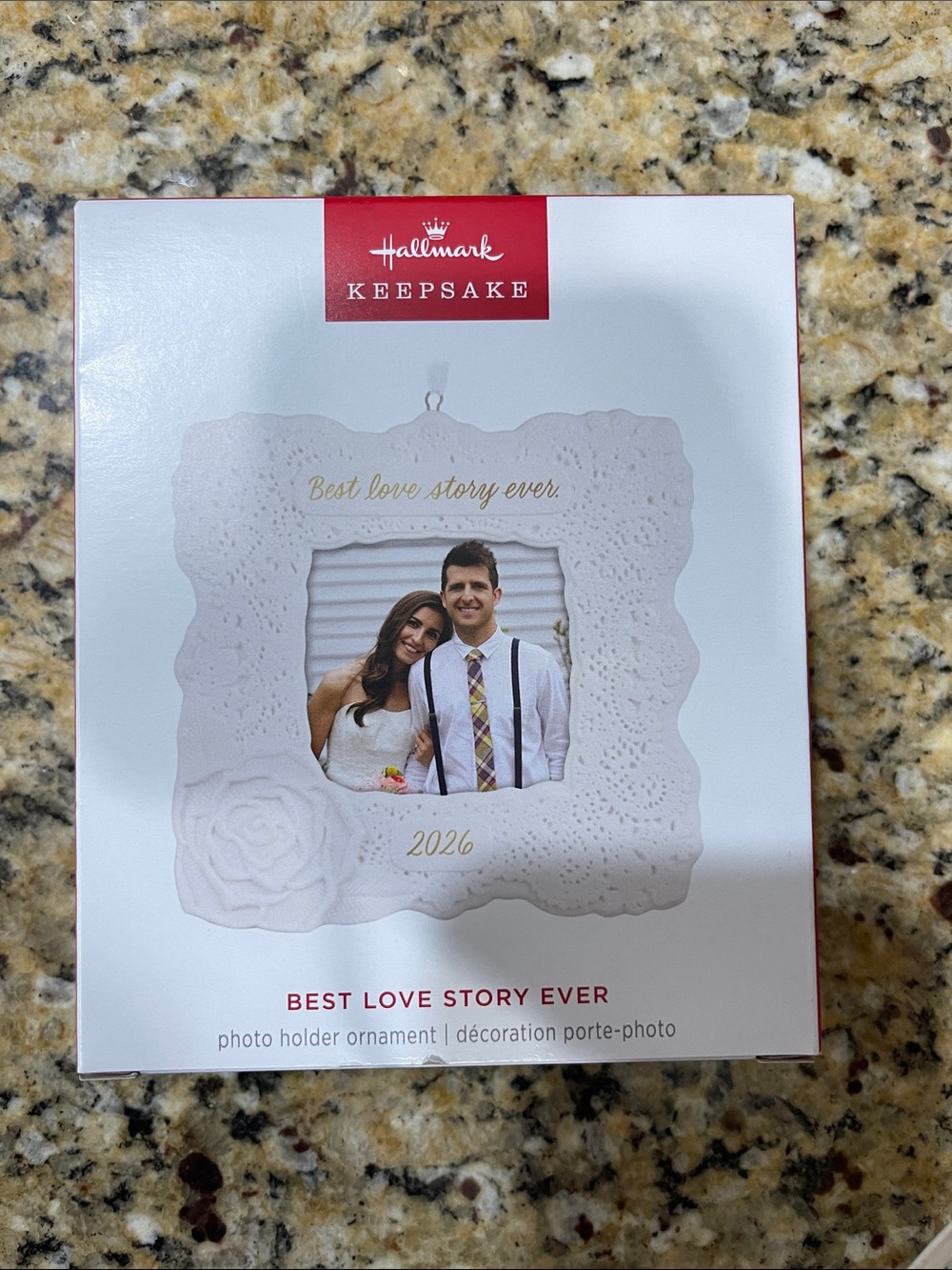 Hallmark Keepsake White Lace-Frame Photo Ornament with Gold Lettering